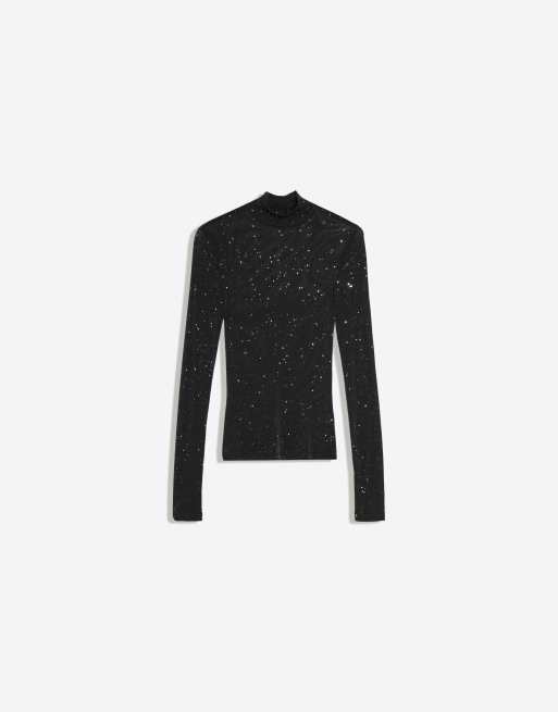 Bershka T-shirt med metalltråd og lange ærmer i sort, 6 af 6