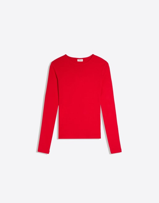 Bershka T-shirt med rund hals og lange ærmer i rød, 5 af 5