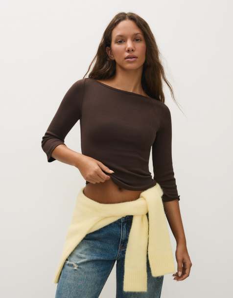 Bershka T-shirt met boothals en lange mouwen in bruin - view 1