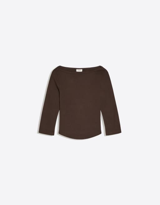 Bershka T-shirt met boothals en lange mouwen in bruin, 5 van 5