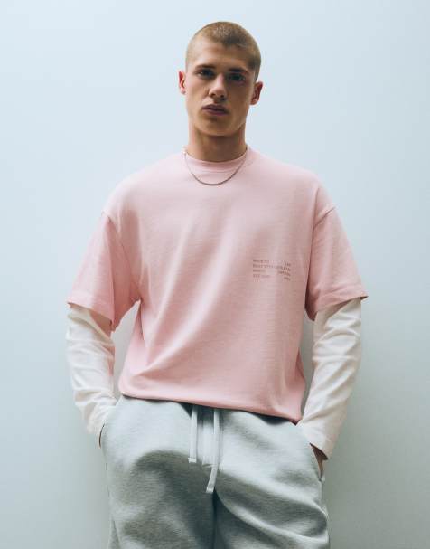 Bershka T-shirt met contrasterende dubbele mouwen in pastelroze - view 1