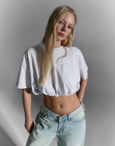 Bershka - T-shirt met korte ballonmouwen in lichtgrijs - view 1