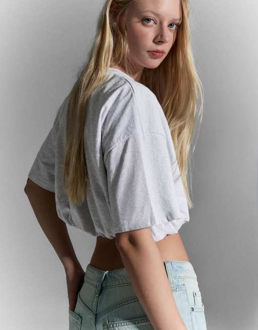 Bershka - T-shirt met korte ballonmouwen in lichtgrijs, 4 van 4