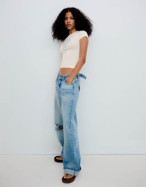 Bershka - T-shirt met korte mouwen en lovertjes in ecru, 2 van 4