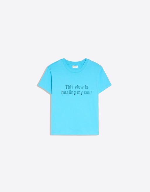 Bershka - T-shirt met korte mouwen en print in blauw, 4 van 5