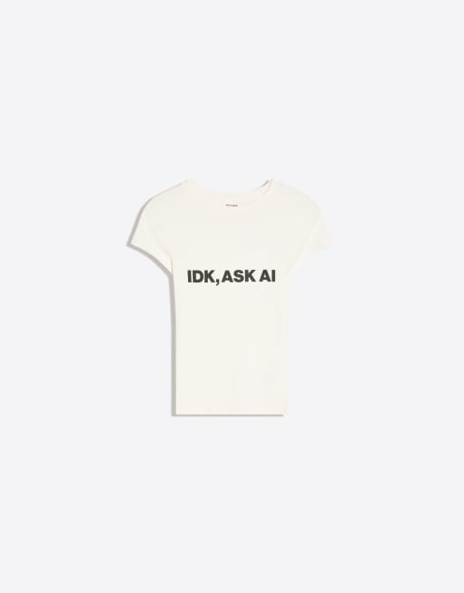 Bershka T-shirt met korte mouwen en print in crème, 5 van 5