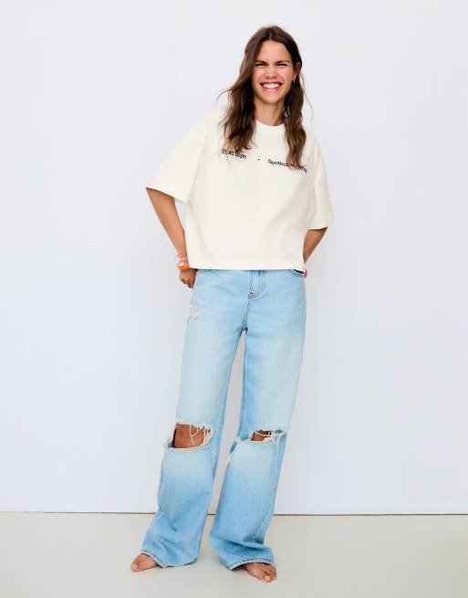Bershka - T-shirt met korte mouwen en print in ecru, 2 van 4
