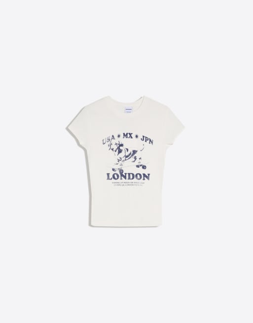 Bershka - T-shirt met korte mouwen en print in wit, 4 van 4