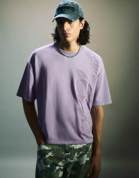 Bershka T-shirt met korte mouwen, gewassen effect en borduursel in paars - view 1