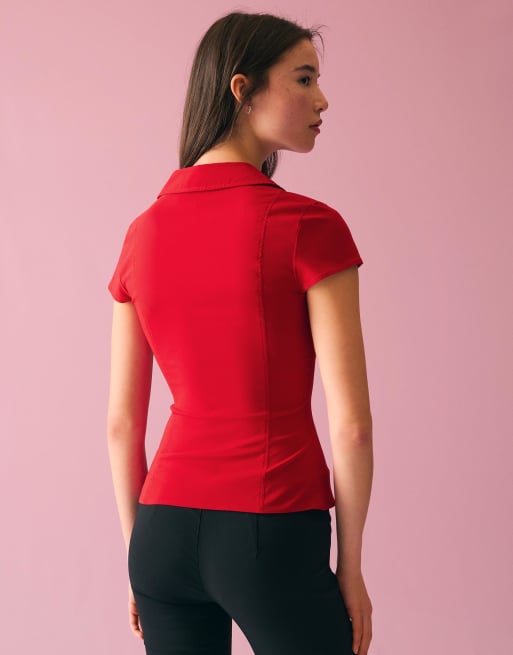 Bershka - T-shirt met korte mouwen, rits en print in rood, 3 van 5