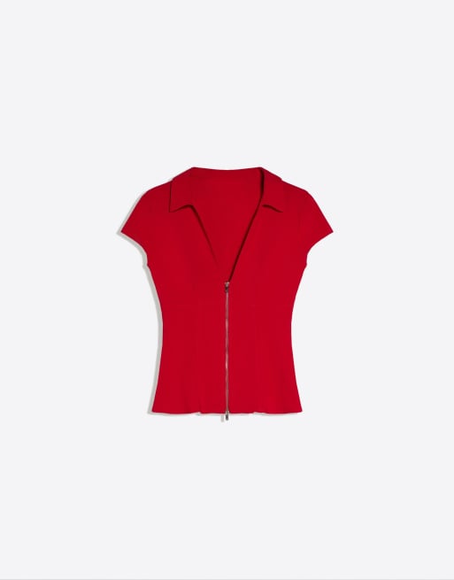 Bershka - T-shirt met korte mouwen, rits en print in rood, 5 van 5