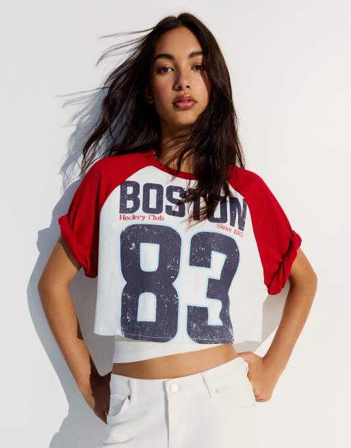 Bershka T-shirt met korte raglanmouwen en print in wit, 4 van 5