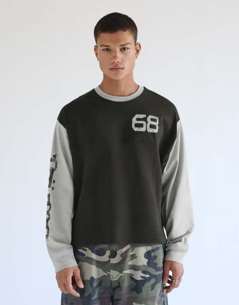 Bershka T-shirt met lange mouwen, contrasterende print en wafelbreisel, grijs - view 1