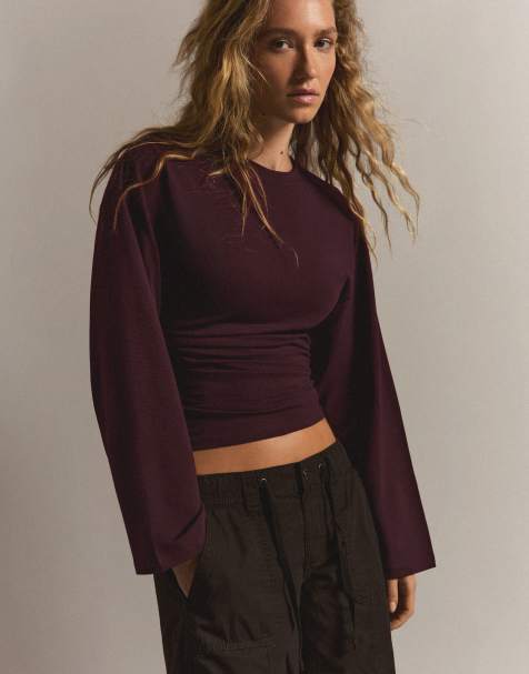 Bershka T-shirt met lange mouwen en gerimpeld detail in bordeauxrood - view 1