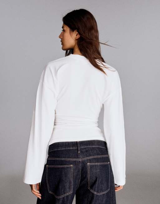 Bershka T-shirt met lange mouwen en gerimpeld detail in wit, 3 van 5