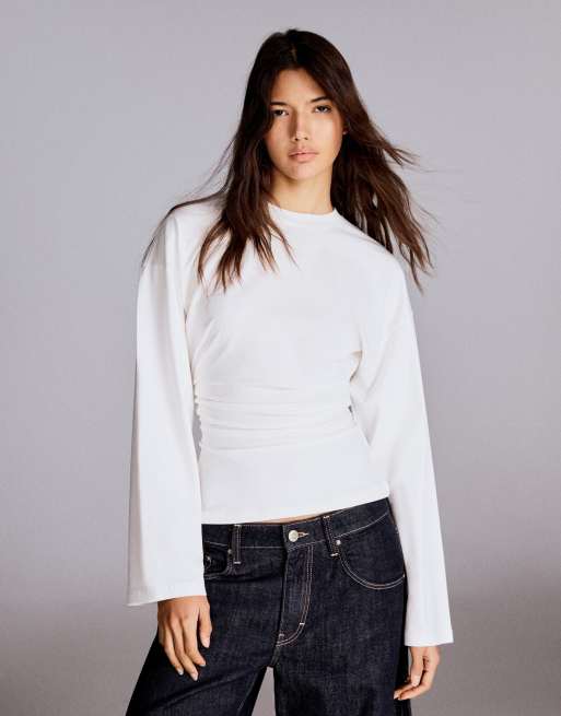 Bershka T-shirt met lange mouwen en gerimpeld detail in wit, 4 van 5