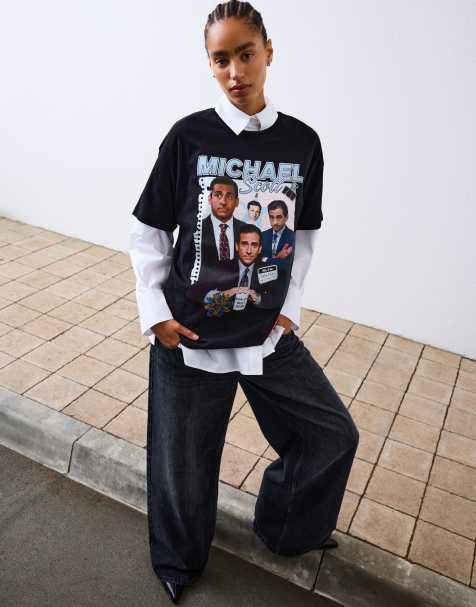 Bershka - T-shirt met lange mouwen en 'Michael Scott Office' print in zwart - view 1