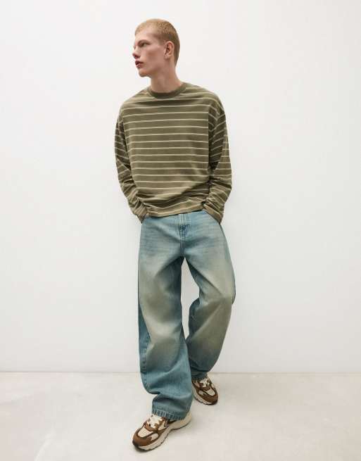 Bershka T-shirt met lange mouwen en streepprint in kaki, 2 van 6