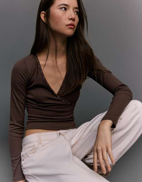 Bershka - T-shirt met lange mouwen en studs in bruin - view 1