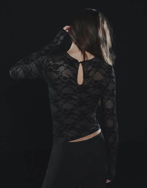 Bershka t-shirt met lange mouwen van kant in zwart, 3 van 5
