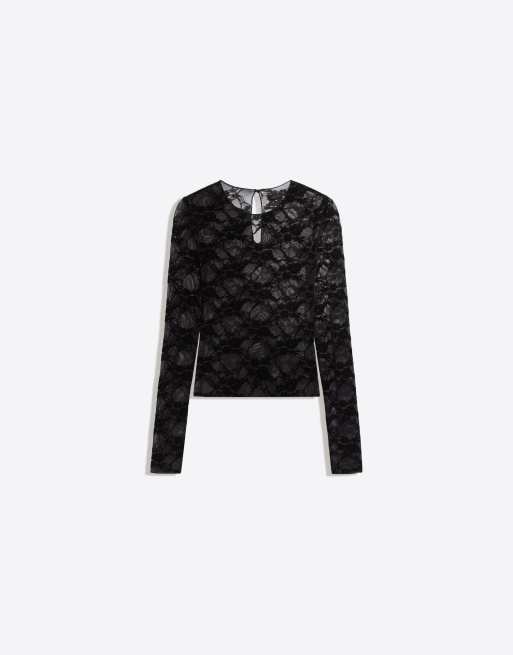 Bershka t-shirt met lange mouwen van kant in zwart, 5 van 5