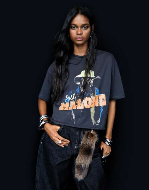 Bershka - T-shirt met Post Malone-print in zwart en wit - view 1