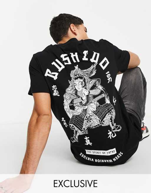 Bershka T shirt met samurai print op de rug in zwart