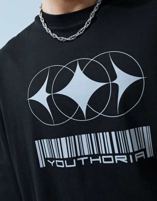 Bershka - T-shirt nero slavato corta con stampa “Youthoria“, 3 di 4