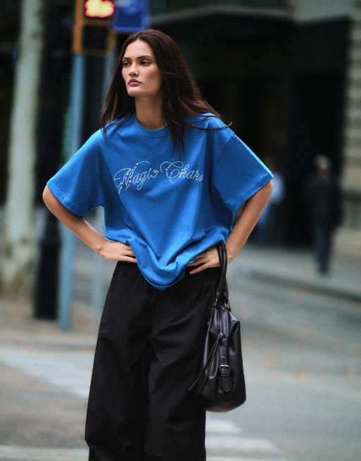 Bershka t-shirt oversize à manches courtes avec inscription en strass bleu denim, 2 de 5