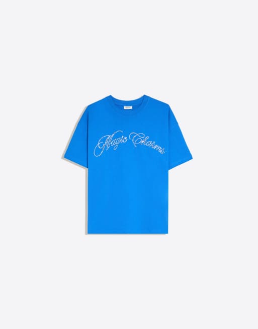 Bershka T-shirt oversize a maniche corte con scritta di strass blu denim, 5 di 5