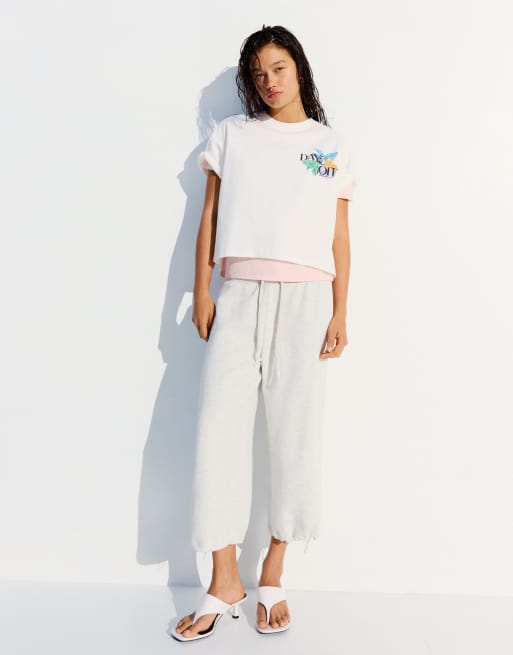 Bershka - T-shirt oversize bianca a maniche corte con stampa, 3 di 4