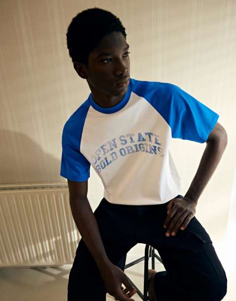 Bershka - T-shirt raglan blu denim con stampa - view 1
