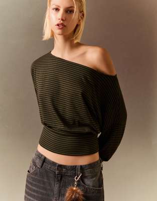 T-shirt rayé à manches longues et ceinture - Kaki-Vert S