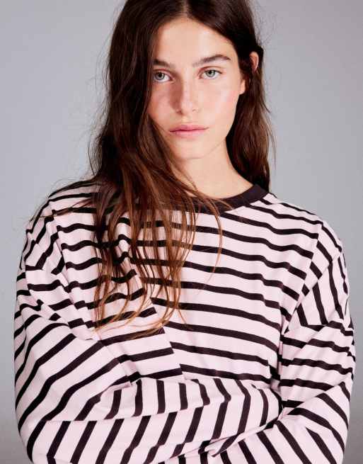 Bershka t-shirt rayé coupe carrée à manches longues rose, 4 de 5