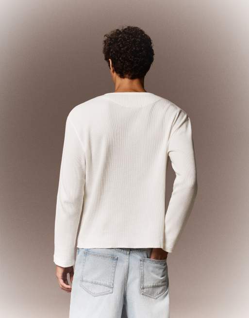 Bershka - T-shirt serafino slim a maniche lunghe bianca, 2 di 4