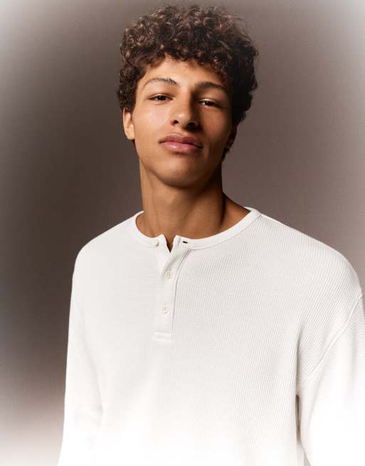 Bershka - T-shirt serafino slim a maniche lunghe bianca, 4 di 4