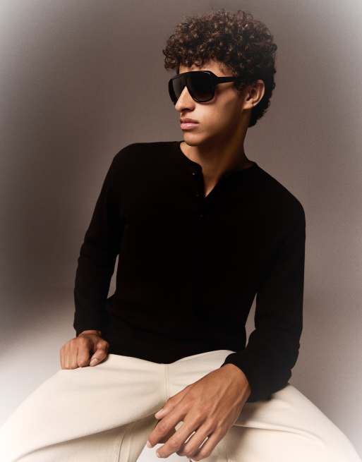 Bershka - T-shirt serafino slim a maniche lunghe nera, 4 di 4