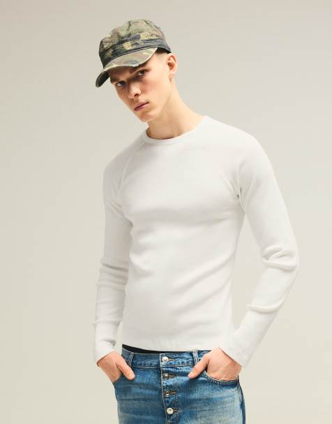 Bershka t-shirt slim côtelé à manches longues blanc - view 1