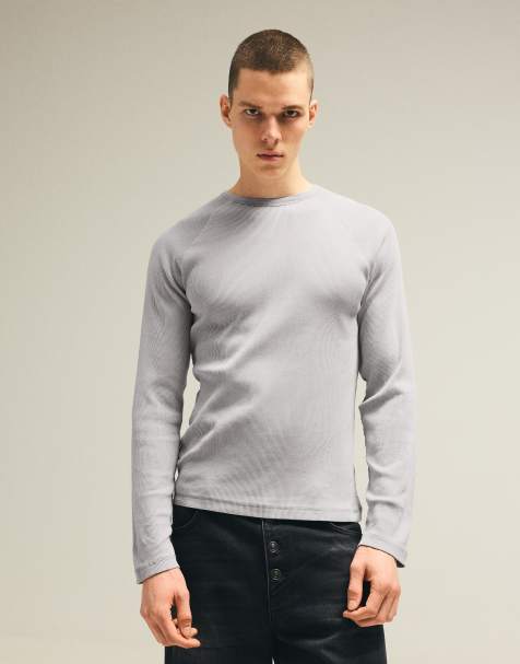 Bershka T-shirt slim fit a maniche lunghe grigio chiaro - view 1