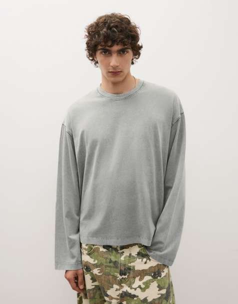 Bershka T-shirt squadrata a maniche lunghe in grigio scuro - view 1