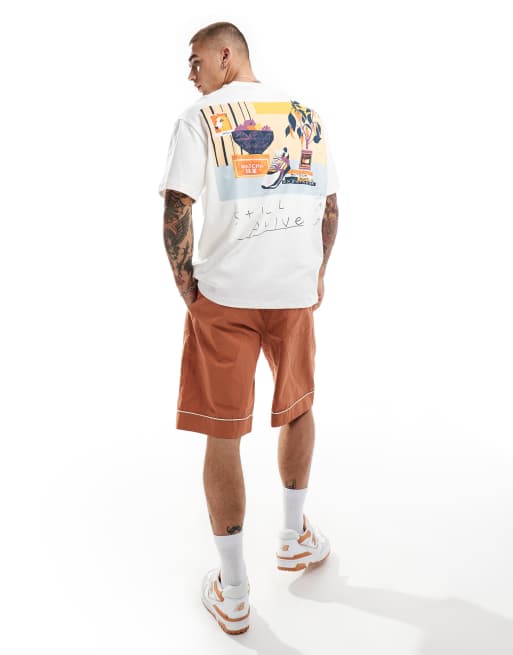 Bershka - T-shirt squadrata écru con stampa di piante sul retro