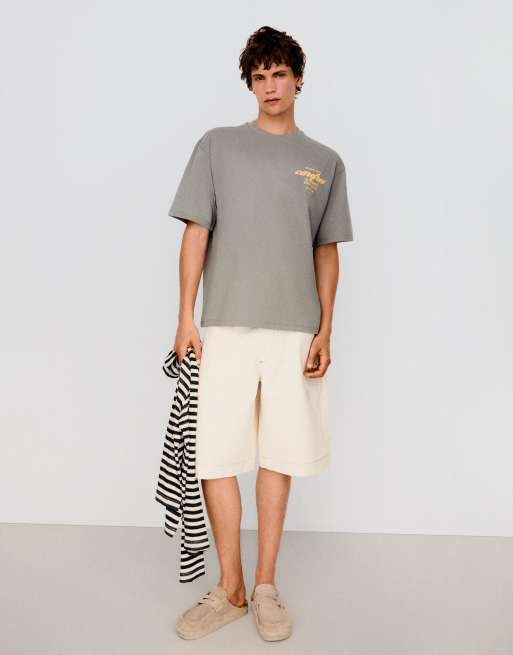 Bershka - T-shirt squadrata grigia stampata, 2 di 3
