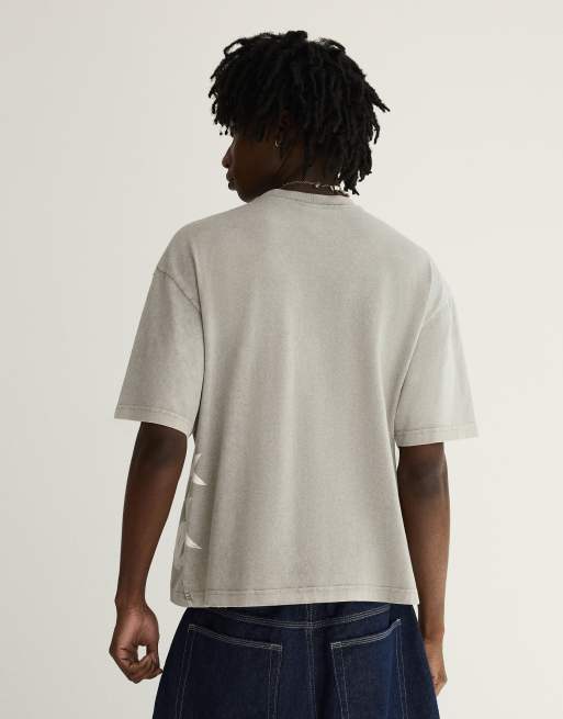 Bershka - T-shirt squadrata grigio slavato con stampa, 4 di 4