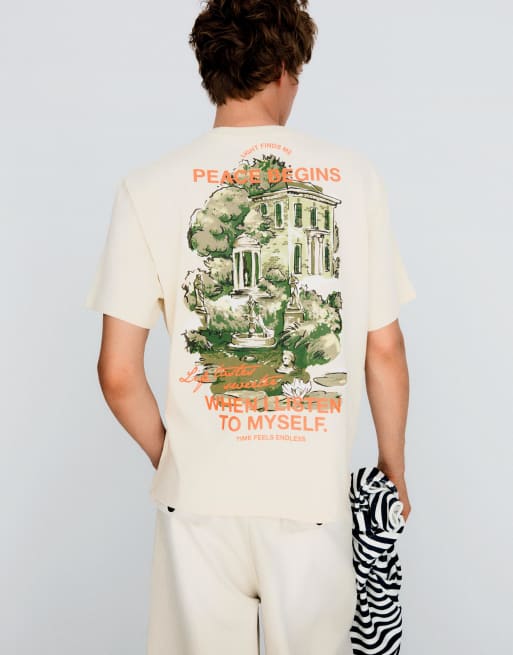 Bershka - T-shirt squadrata oversize color cammello con stampa