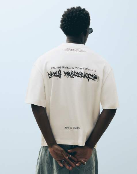 Bershka T-shirt stampata vestibilità squadrata bianca - view 1