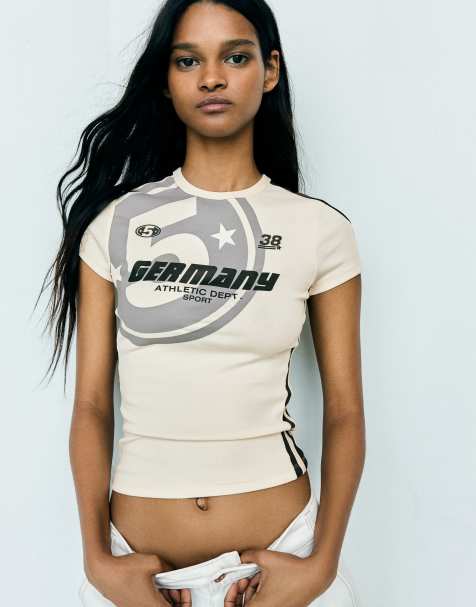 Bershka - T-shirt style sportif à manches courtes - Blanc - view 1