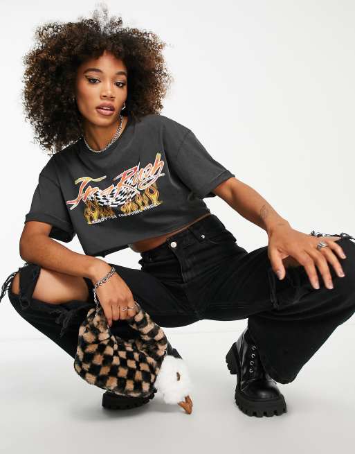Bershka - T-shirt taglio corto grigia con grafica stile racing, 3 di 4