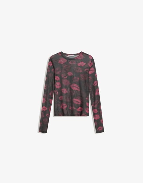 Bershka - T-shirt van tule met lange mouwen en print in zwart - view 1