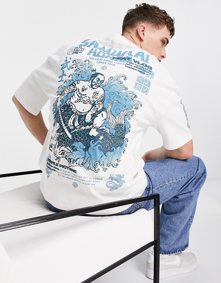 Bershka T-shirt with samurai back print in white