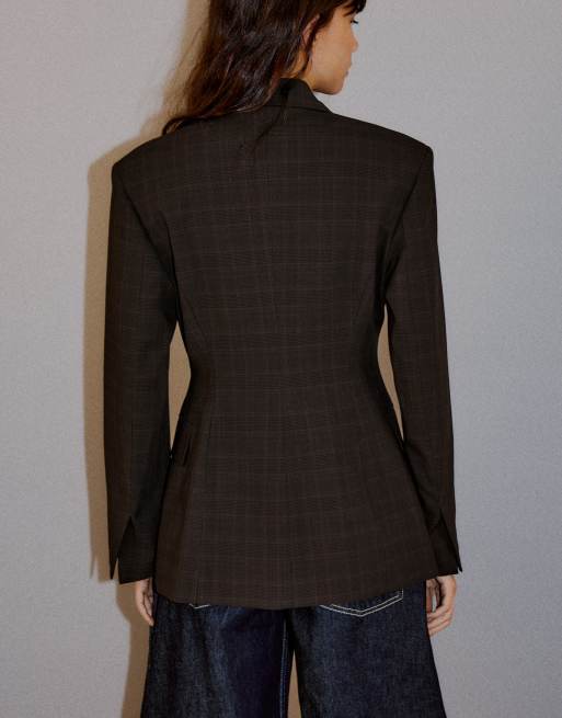 Bershka Tailored check blazer in brown, 3 of 5
